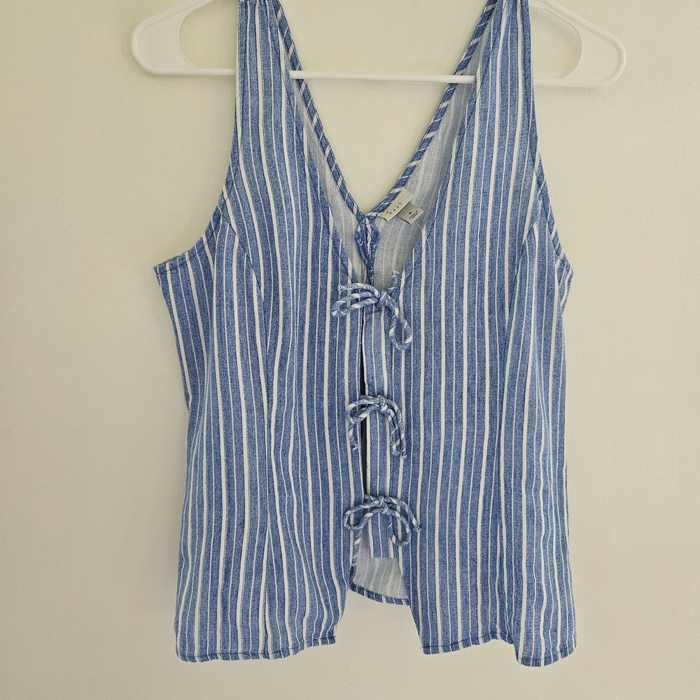 A New Day Top S Blue Linen Blend Tie Front Beachy V-Neck Tank Coastal Capsule
